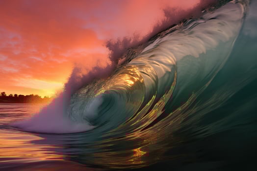 a breathtaking sunset with a massive wave crashing in the ocean photo
