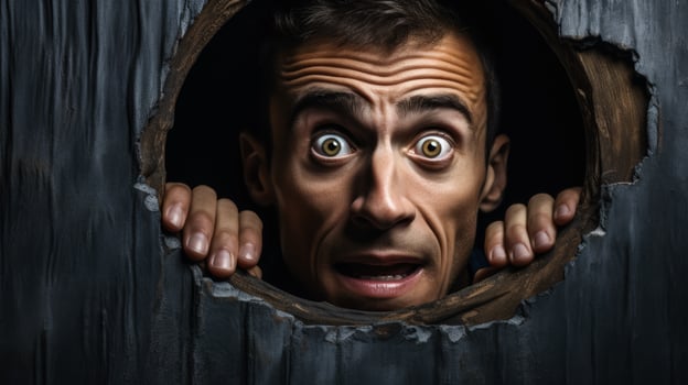 Being trapped in a confined space confused face on dark background with a place for text photo
