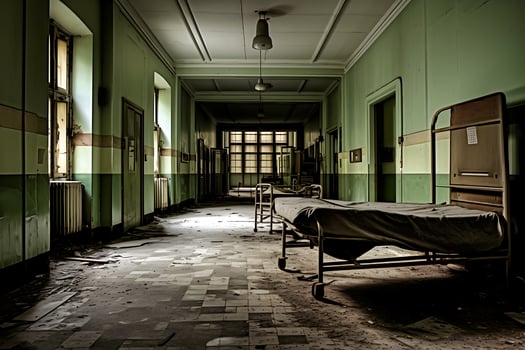 Corridor of an old abandoned hospital with rusty beds and broken glass. AI Generative photo