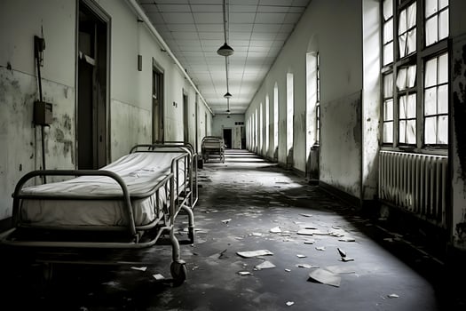 Corridor of an old abandoned hospital with rusty beds and broken glass. AI Generative photo
