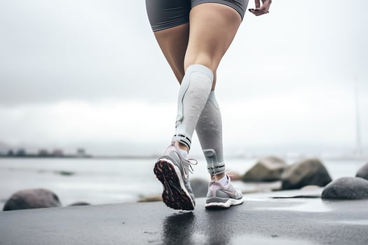 Prostheses on the legs of a young disabled woman. Woman posing against the backdrop of the sea in cloudy weather. Legs close up. AI Generative photo
