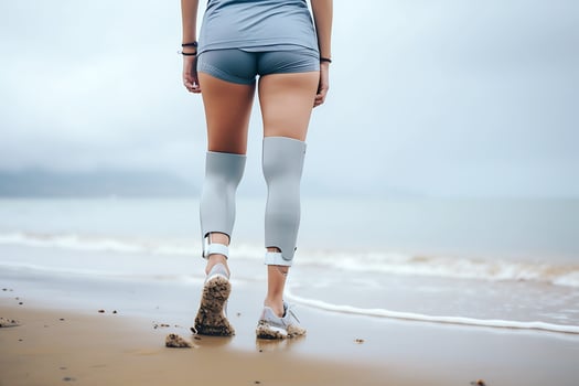 Prostheses on the legs of a young disabled woman. A woman stands on the seashore in cloudy weather with her back to the camera. Legs close up.  AI Generative photo