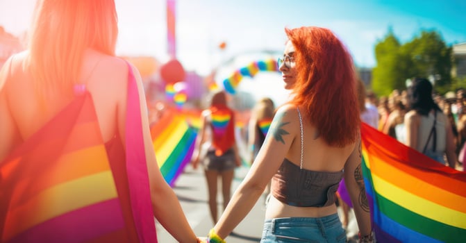 Lesbian couple at pride parade, flags fluttering. photo