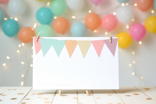 Birthday party card with balloons,cake,candles,flag and gift box.Kid birthday party,invitation and greeting card concept. AI generated photo