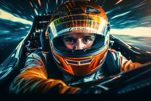 Close-up portrait of a young man driving a fast car on the race track. photo