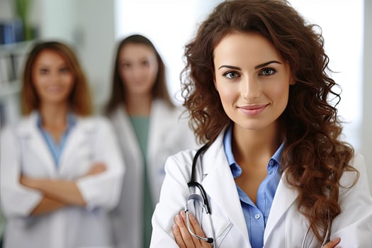 Attractive female doctor  medical group ,Generative AI. photo