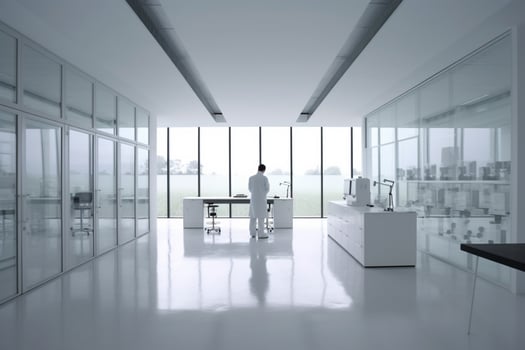 Scientist working on hi-tech lab, white minimalist environment photo