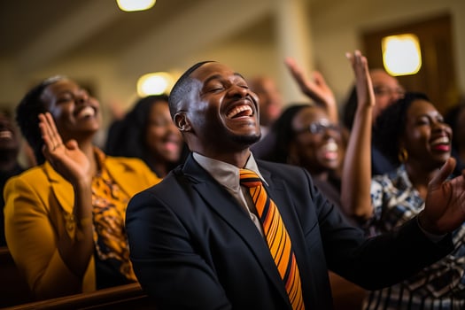 Church congregation Christian gospel singers raising praise photo