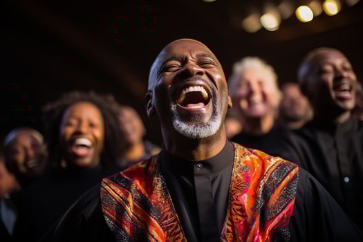 Choir of Christian gospel singers collectively praising photo