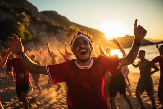 Omani beach soccer fans celebrating a victory photo