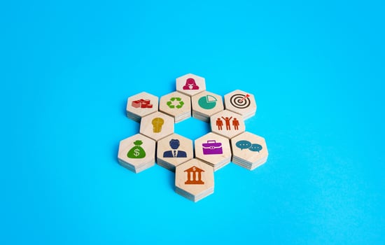 Business attributes snowflake structure. Successful company concept. Effective organization. A new paradigm. Entrepreneurship management. Improving investment climate. Business tools and services. photo