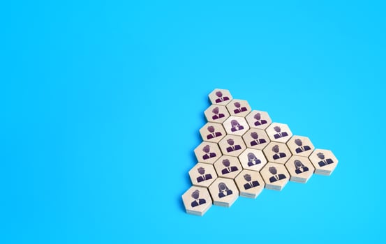 Company employees in pyramid order formation. Social organizations, commercial structure. Team organization, joining forces. Business management. Unity. Teamwork cooperation. Discipline in hierarchy. photo