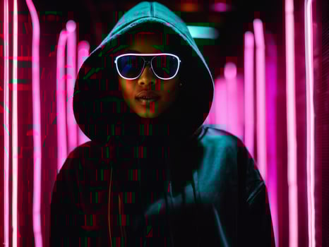 photo of black woman in black hoodie in server data center room with neon light, generative AI