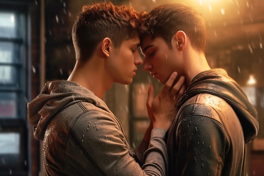 Two young gay guys hugging, gay couple.Generative AI photo