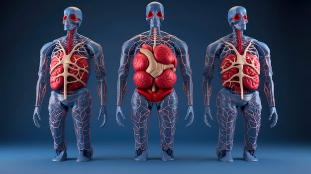 3D illustration mockup of the human organ system, Anatomy, Nervous, circulatory, digestive, excretory, urinary,and bone systems. Medical education concept, Generative AI illustration photo