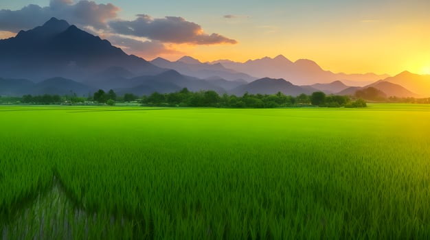 green rice field landscape and sunset. ai generated photo