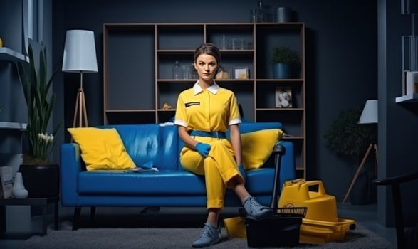 working office staff with a cleaning in blue uniforms. photo