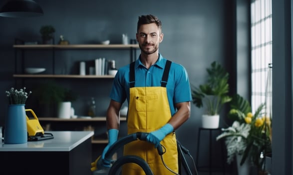 working office staff with a cleaning in blue uniforms. photo