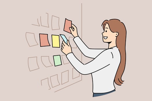 o negócio mulher carrinhos perto scrum borda com adesivos e é acionado dentro Kanban tarefa planejamento foto