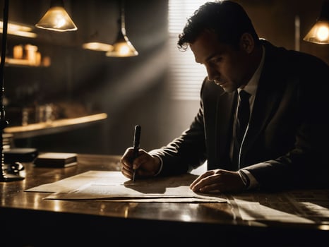 photo of serious detective man in crime scene, generative AI