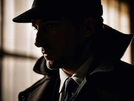photo of serious detective man in crime scene, generative AI