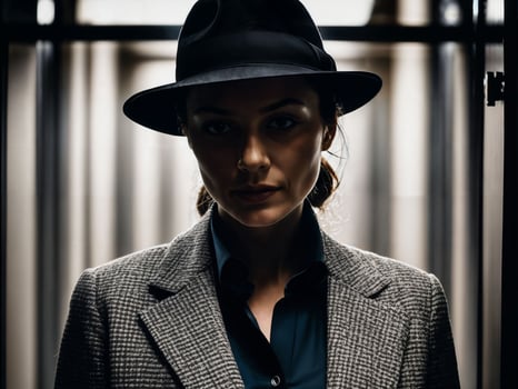 photo of serious detective woman in crime scene, generative AI