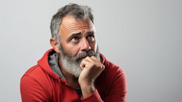 A man with a beard and a red hoodie looking at something photo