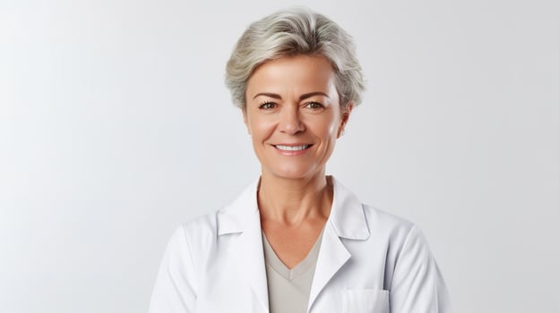A woman in a lab coat standing in front of a white background photo