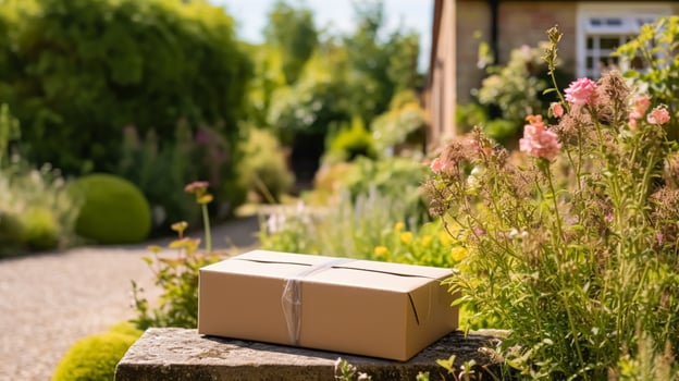 Postal service, home delivery and online shopping, parcel box on a house doorstep in the countryside, generative ai photo
