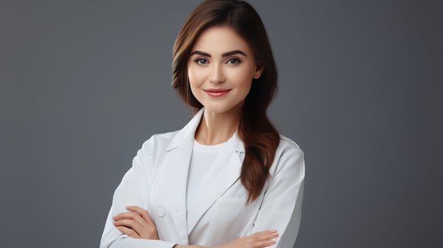 Portrait of a beautiful young female doctor standing with her arms crossed on a gray background photo