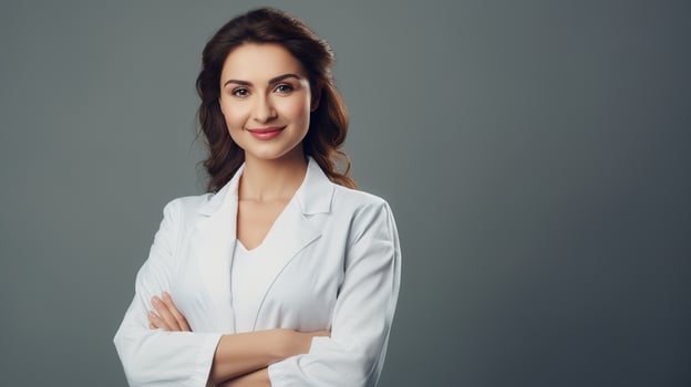 Portrait of a beautiful young woman in white lab coat standing with arms crossed over gray background photo