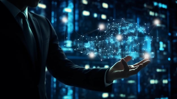 Businessman Adapting New Policies and Innovations via Data Network Touchpoints Strategizing Business Technology photo