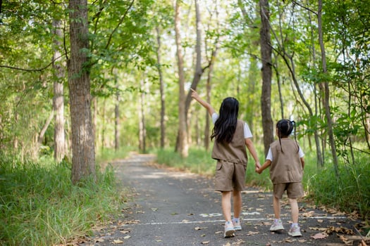 Asian little girls explore nature through magnifying glasses and binoculars in the park. Education, field trips, research, and discovery concepts. photo