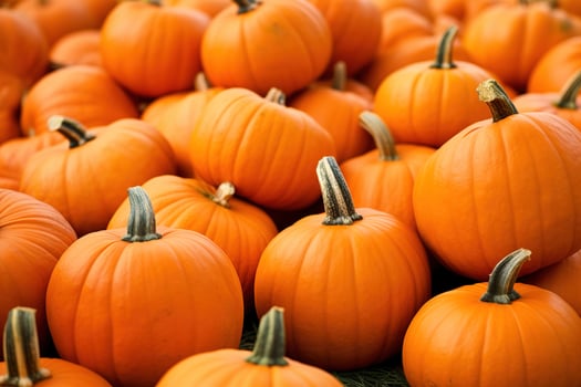 Several mini pumpkins at outdoor farmers market. Generative AI photo