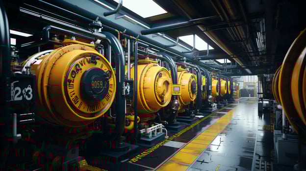 Modern chemical industrial equipment, shell-and-tube heat exchangers for cooling liquids in an oil refinery, petrochemical plant. AI generated photo