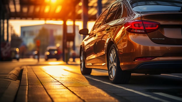 The car is parked on the side of the road at sunset. The concept of transport parking in a big city. AI generated photo
