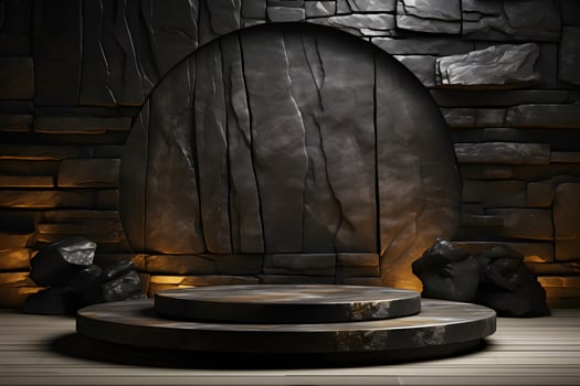 Stone and rock shape 3d render illustration. Round podium, pedestal for brand product exhibition. Solid dark black color AI Generative Illustration. photo