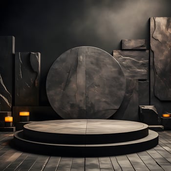 Stone and rock shape 3d render illustration. Round podium, pedestal for brand product exhibition. Solid dark black color. AI Generative Illustration photo