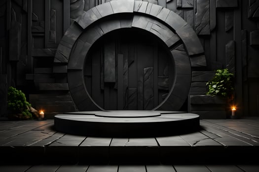 Stone and rock shape 3d render illustration. Round podium, pedestal for brand product exhibition. Solid dark black color AI Generative Illustration. photo