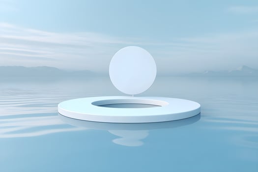 3d rendering of white circle on blue background with some water drops AI Generative Illustration. Podium for product shoot. photo