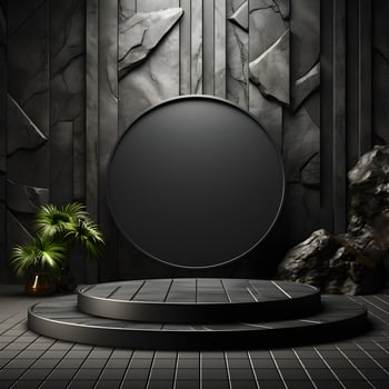 Stone and rock shape 3d render illustration. Round podium, pedestal for brand product exhibition. Solid dark black color AI Generative Illustration.. photo