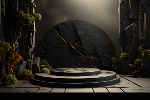 3D Podium of Black Palm, Stone, and Rock with Neon Lighting on Total Black Palette and Circular Copy Space Background. Generative AI photo