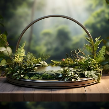 3d render of black and gold pedestal podium on background with neon stage light abstract minimal concept decorate with plant, blank space luxury minimal clean design AI Generative photo