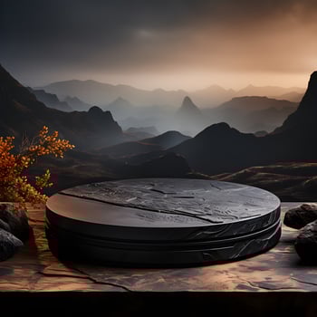 Black stone circle podium pedestal product stage platform 3d background. Generative AI photo