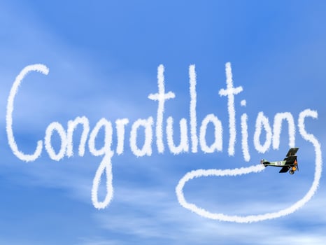 Congratulations message from biplan smoke - 3D render photo