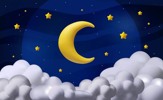 3D render moon night. Vector illustration dark cloud sky. Realistic space elements. Astronomy background in plastic style. Starry midnight with moonlight. Milky way galgaxy. Cartoon illustration dream photo
