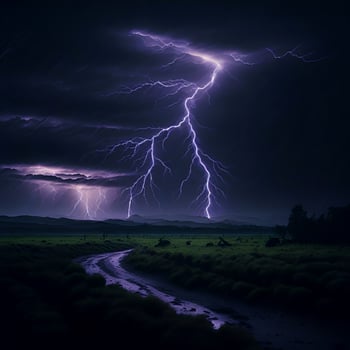 Dark cloudy lightning at night over a natural landscape. photo