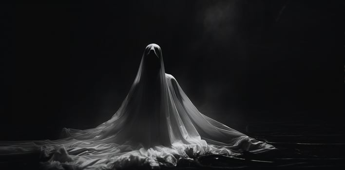 Ghost covered in white cloth, shrouded in darkness, ambiguous symbolism. AI Generated. photo