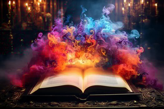 Magical open book with colorful swirling smoke, mystery and enchantment, halloween concept. AI Generated. photo