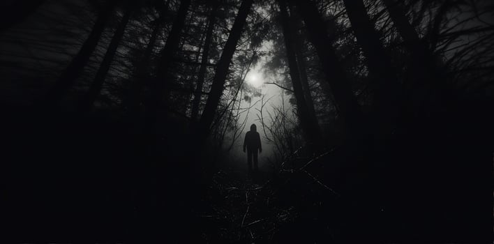 Mysterious hooded figure on dark forest path at night, ghostly halloween concept. AI Generated. photo